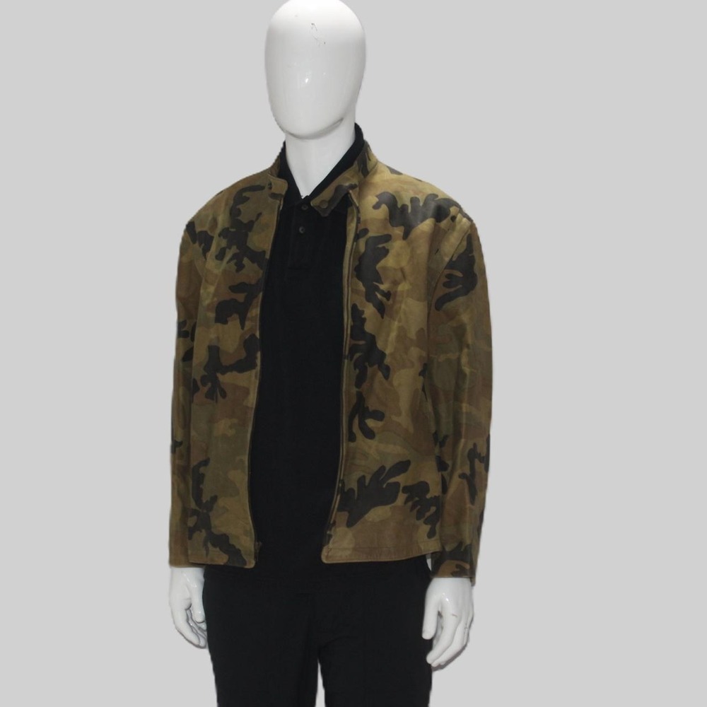 Michael Max Camo Leather Jacket Mens Zip Up Bomber Style 90's vintage